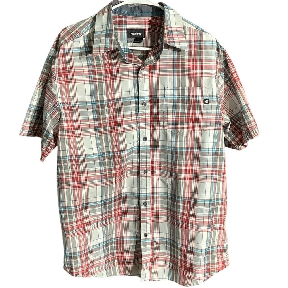 Marmot Red Gray Plaid Button Down Shirt Men’s L — Outdoor, Hiking, Gorpcore